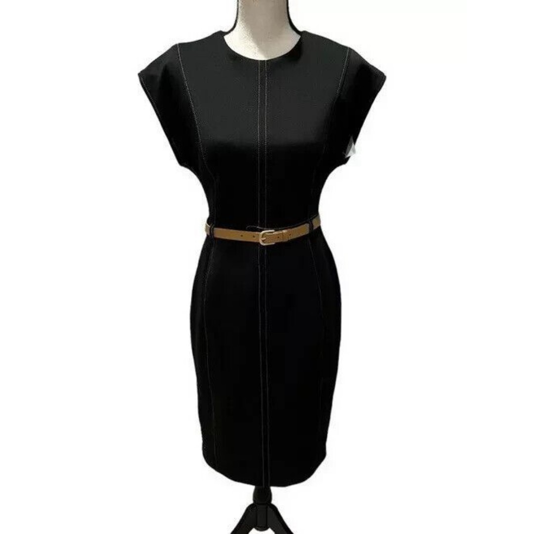 Calvin Klein NWT Size 12 Black w/Camel Contrast Stitching Belted Dress 134.00