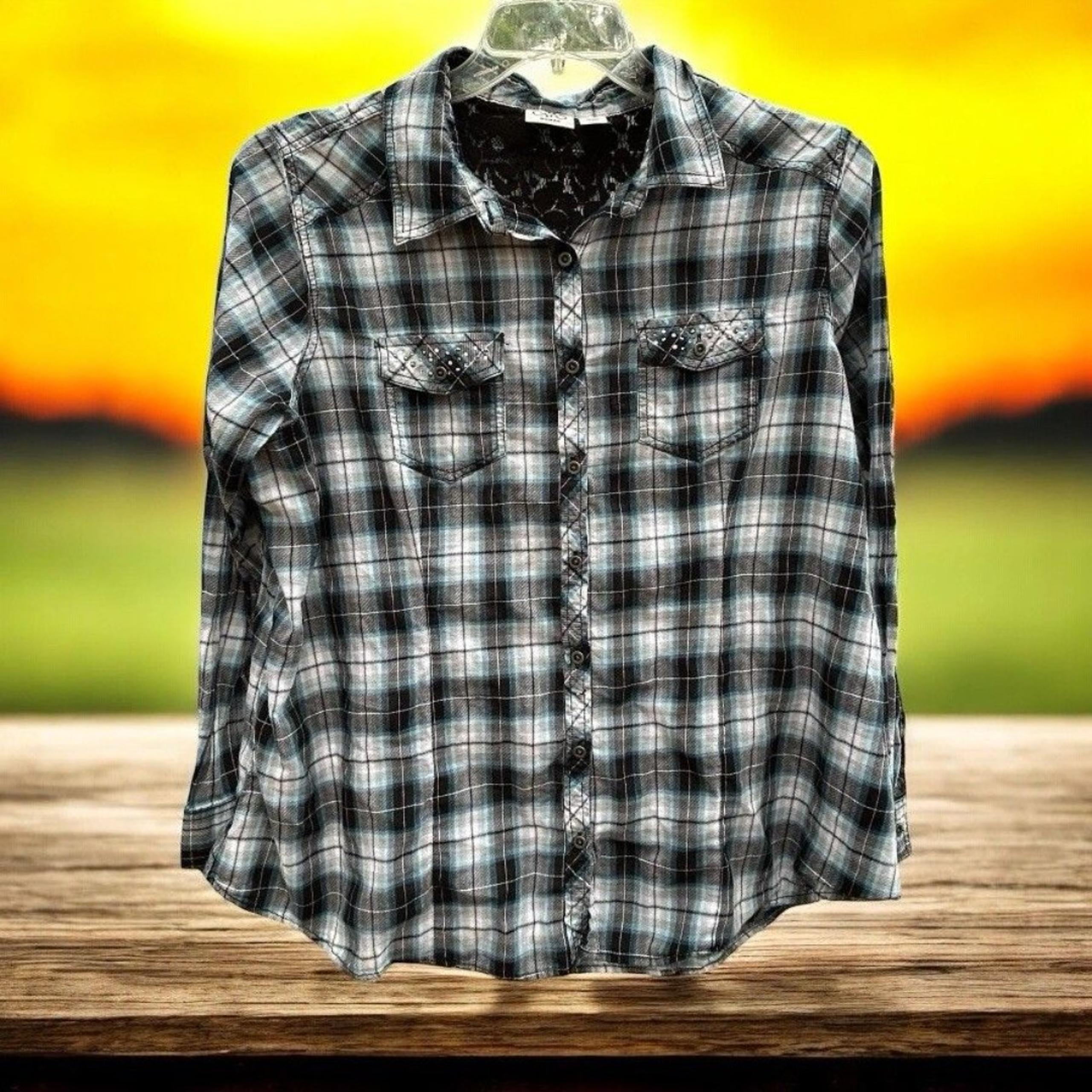 Cato Embellished Cross Plaid Button Down Lightweight Long Sleeve Shirt-Sz 18/20W