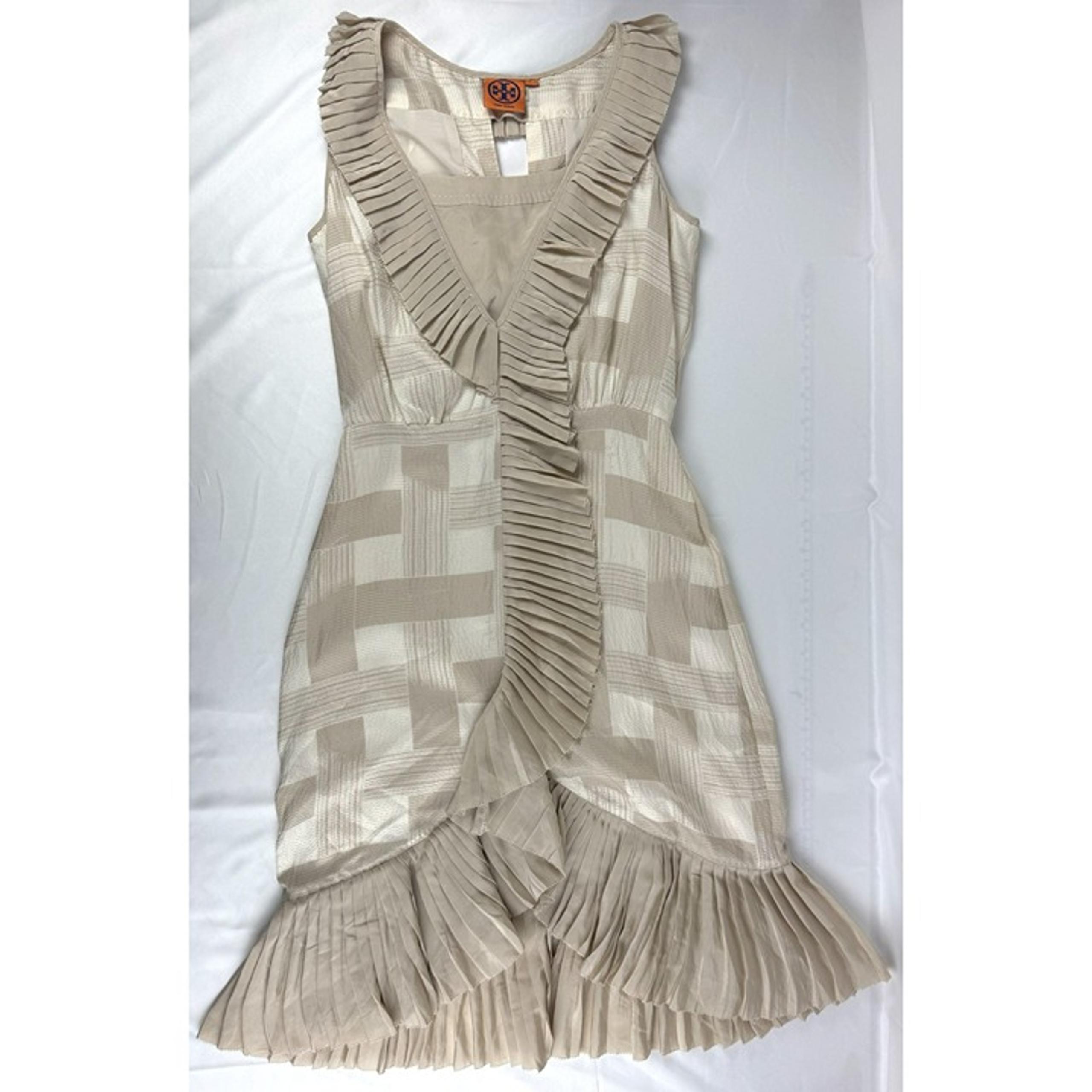 Tory Burch Silk Janette Dress Women's Size 0 Tan & Cream Plaid Ruffle A-Line