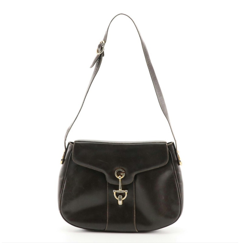 Gucci Leather Front Flap GG Horsebit Vintage Shoulder Bag Black