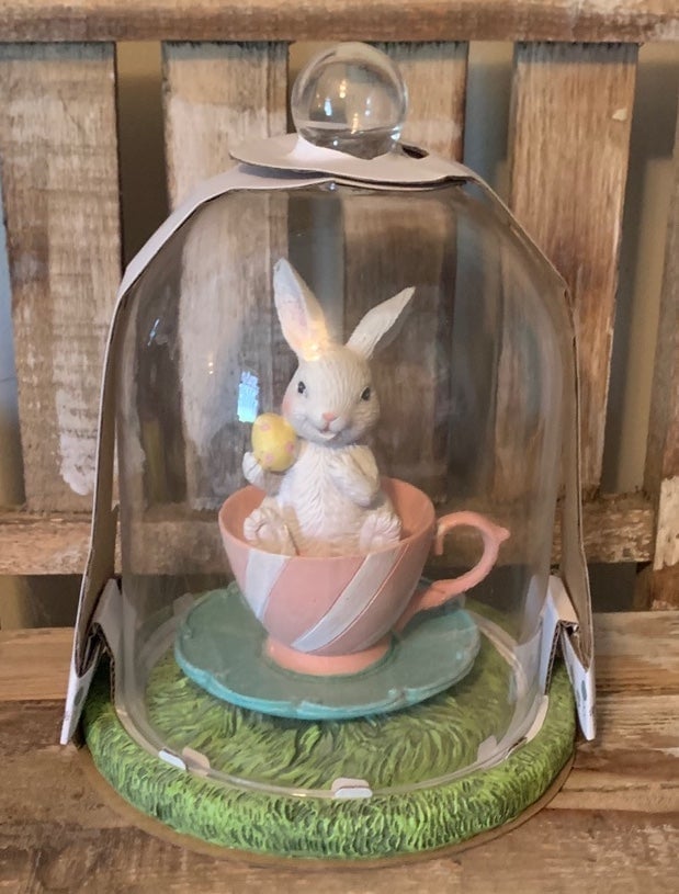 Easter Bunny in teacup in glass cloche