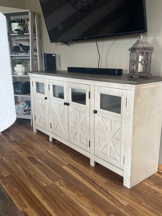 NEW Two Tone Farmhouse TV Stand, Fits TVs up to 72 with 3 Cabinets