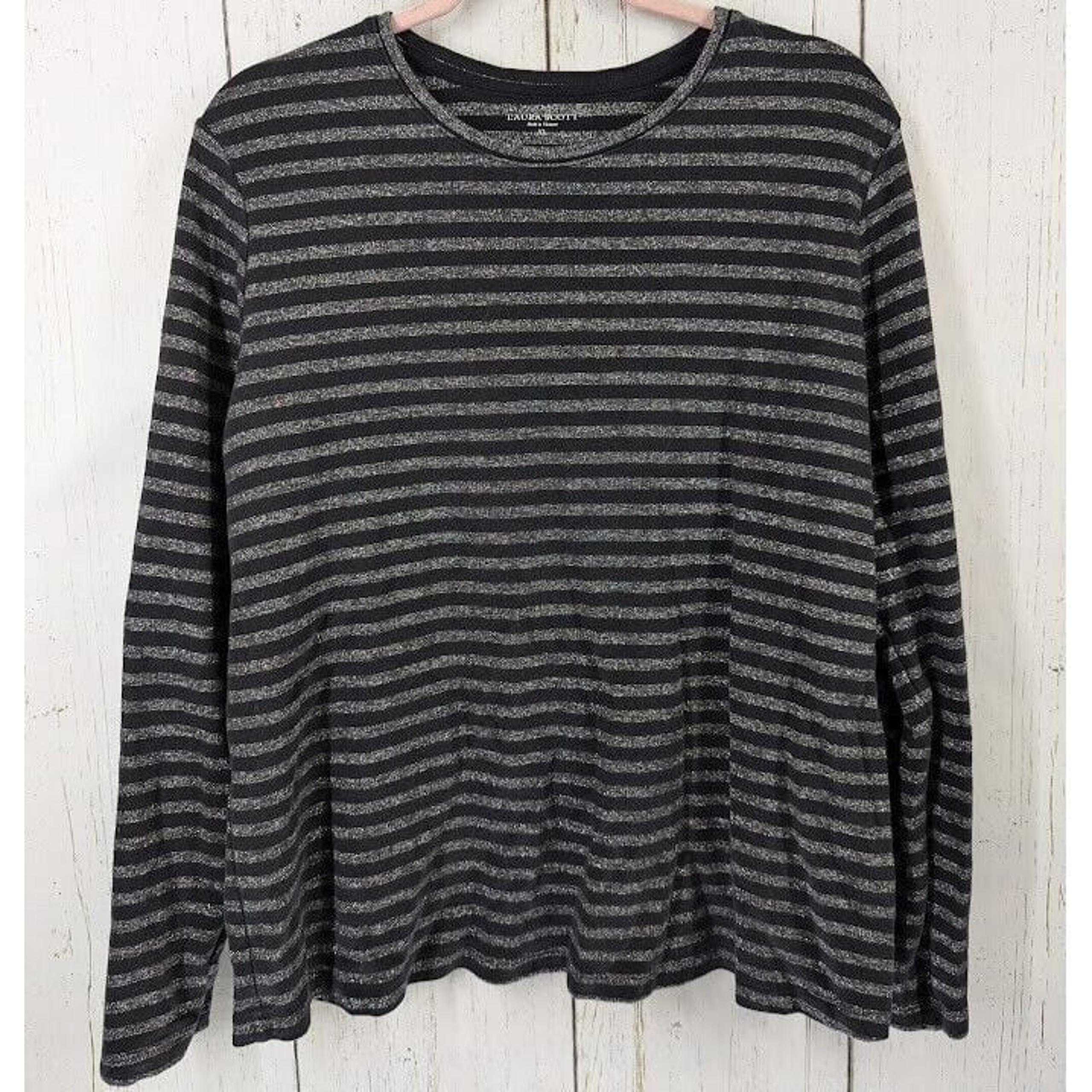 Laura Scott Size XL Black Silver Stripe Casual Long Sleeve Cotton Womens Top