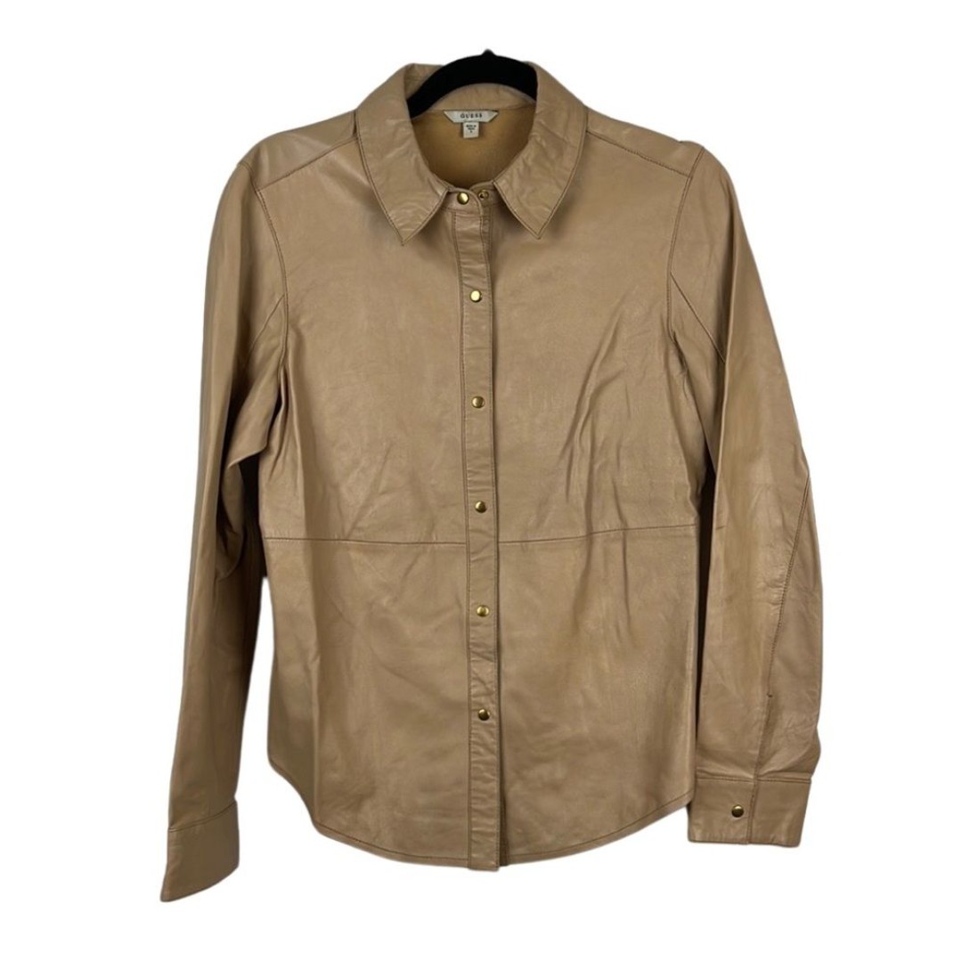 GUESS Vintage 100% Lamb Leather Tan Button Up Shirt Gold Buttons Women's Size S