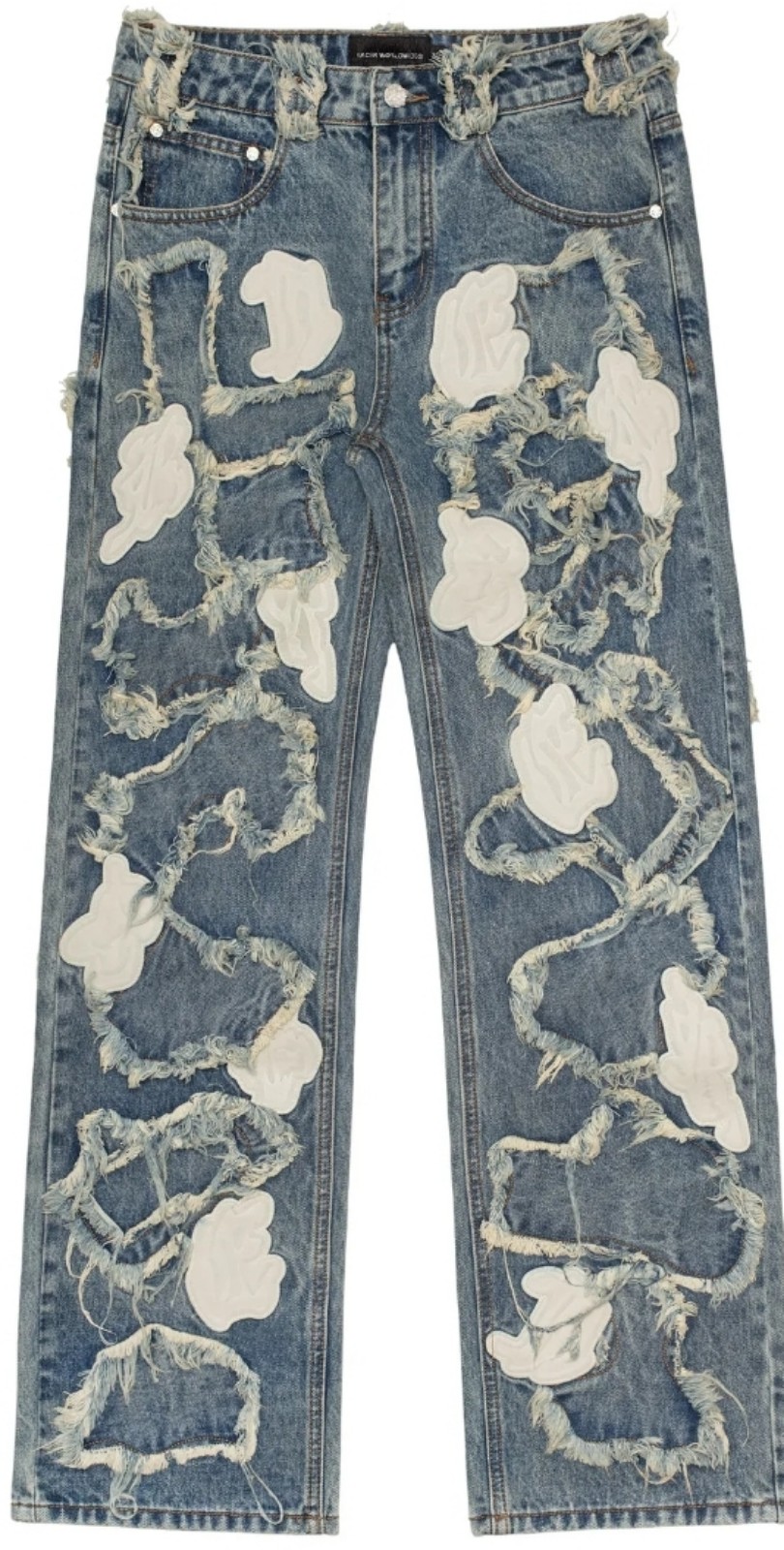 RACER WORLDWIDE DEFINITIVE LEATHER PATCH DISTRESSED JEANS PANTS 36