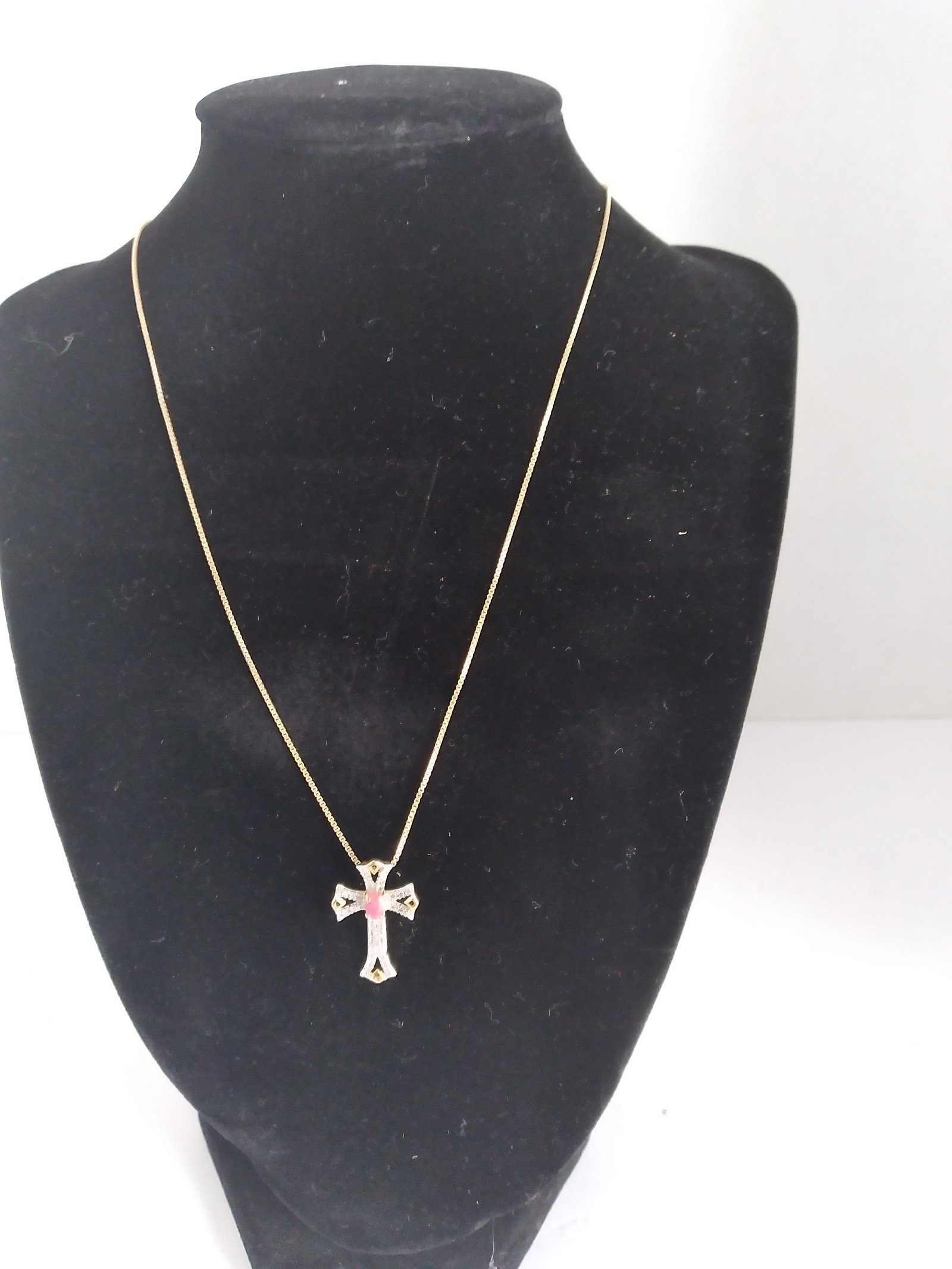 Cross Pendant Necklace Gold Tone Pink Accent Religious Jewelry Gift