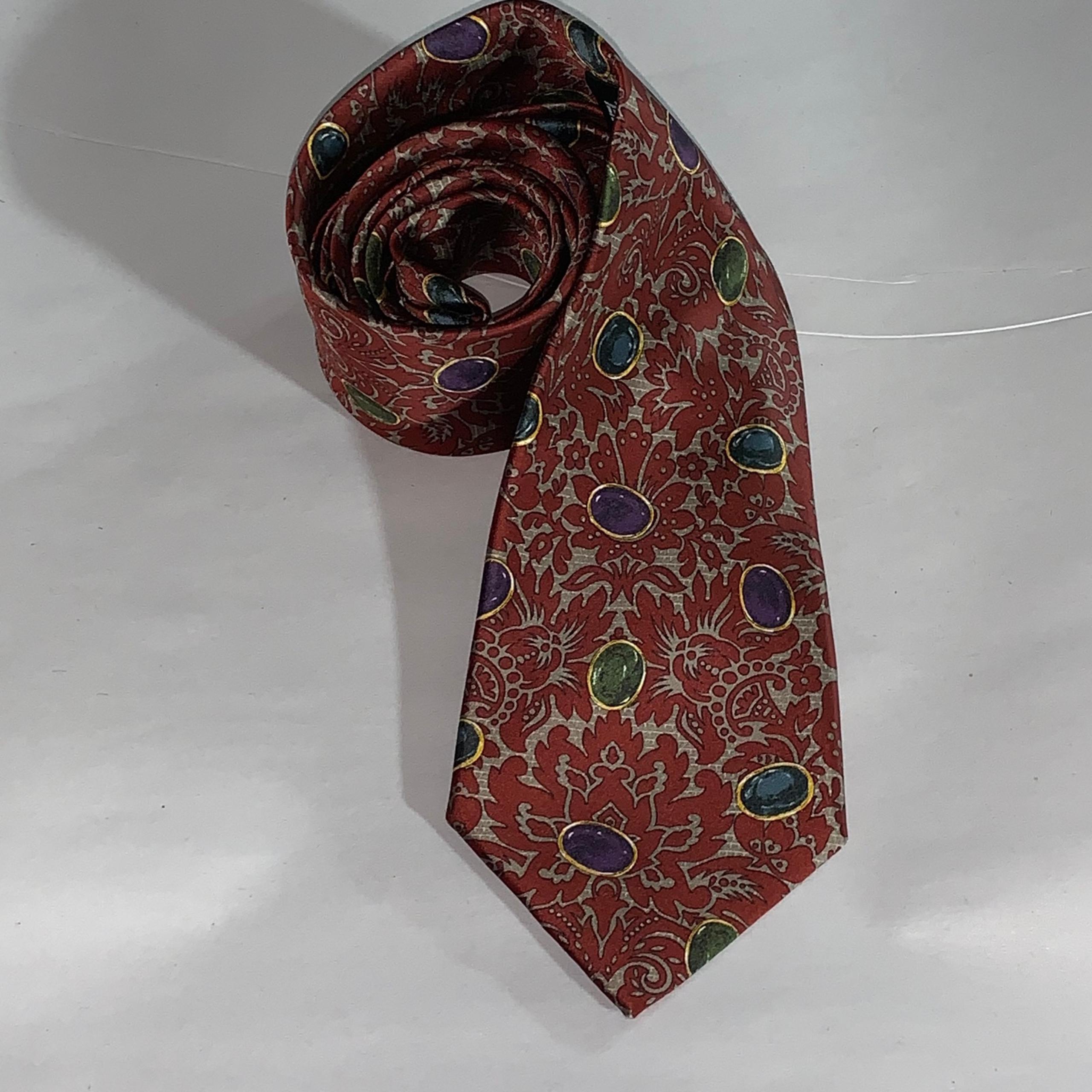 CHANEL wine red/gold silk NECKTIE cravat GRIPOIX cabochon gemstone print