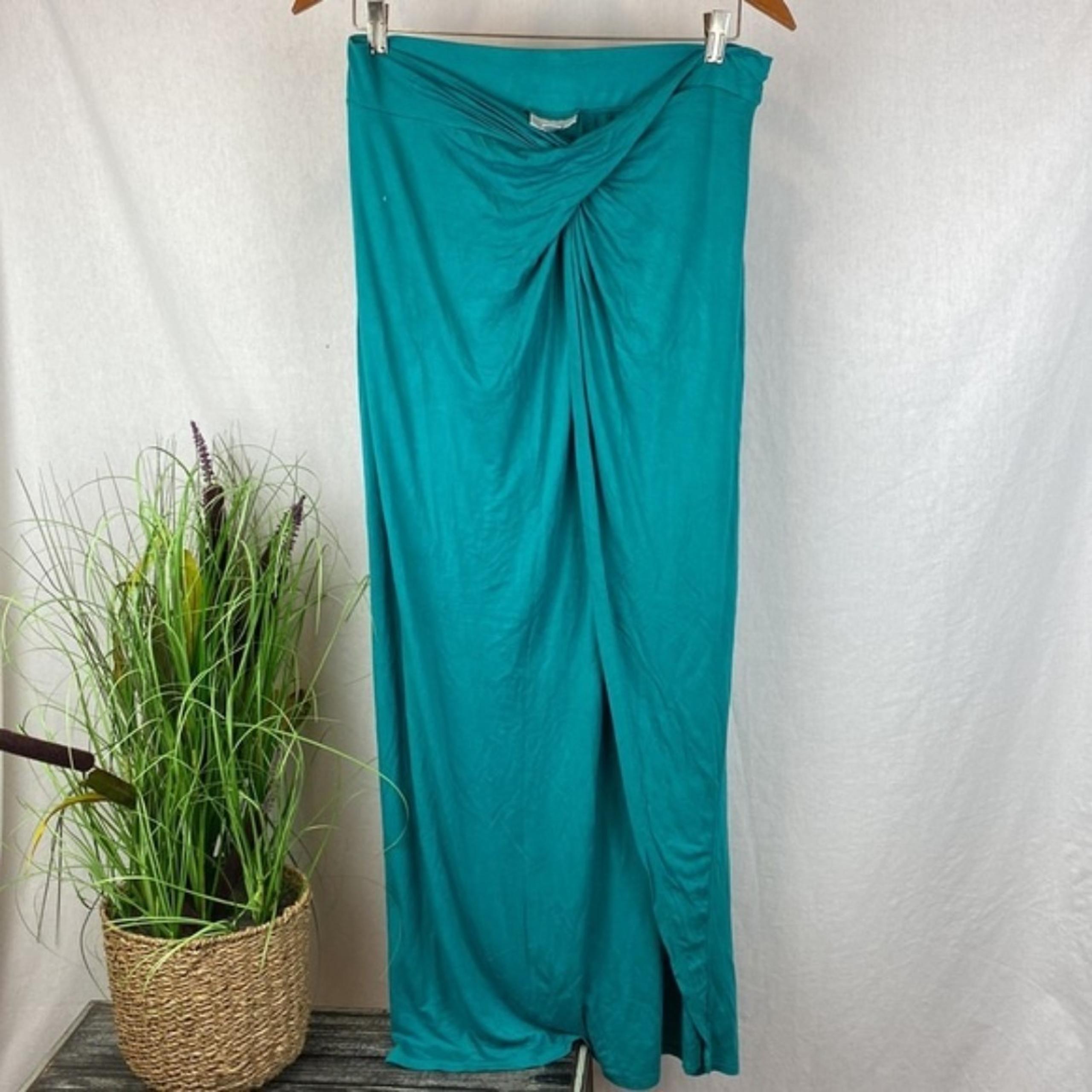 Bisou Bisou Teal Blue Side Slit Drape Waist Maxi Skirt M