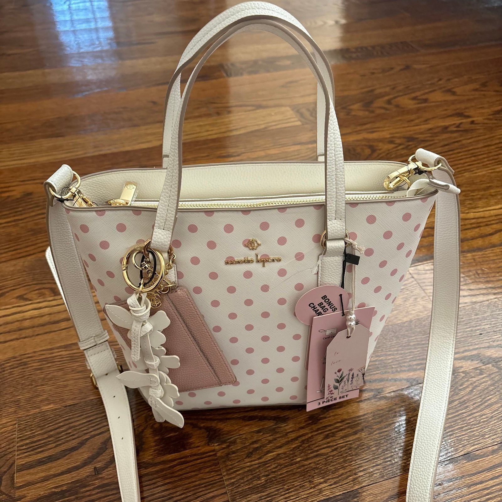 Nanette Lepore White and pink polka dot tote bag comes with the mini wallet and