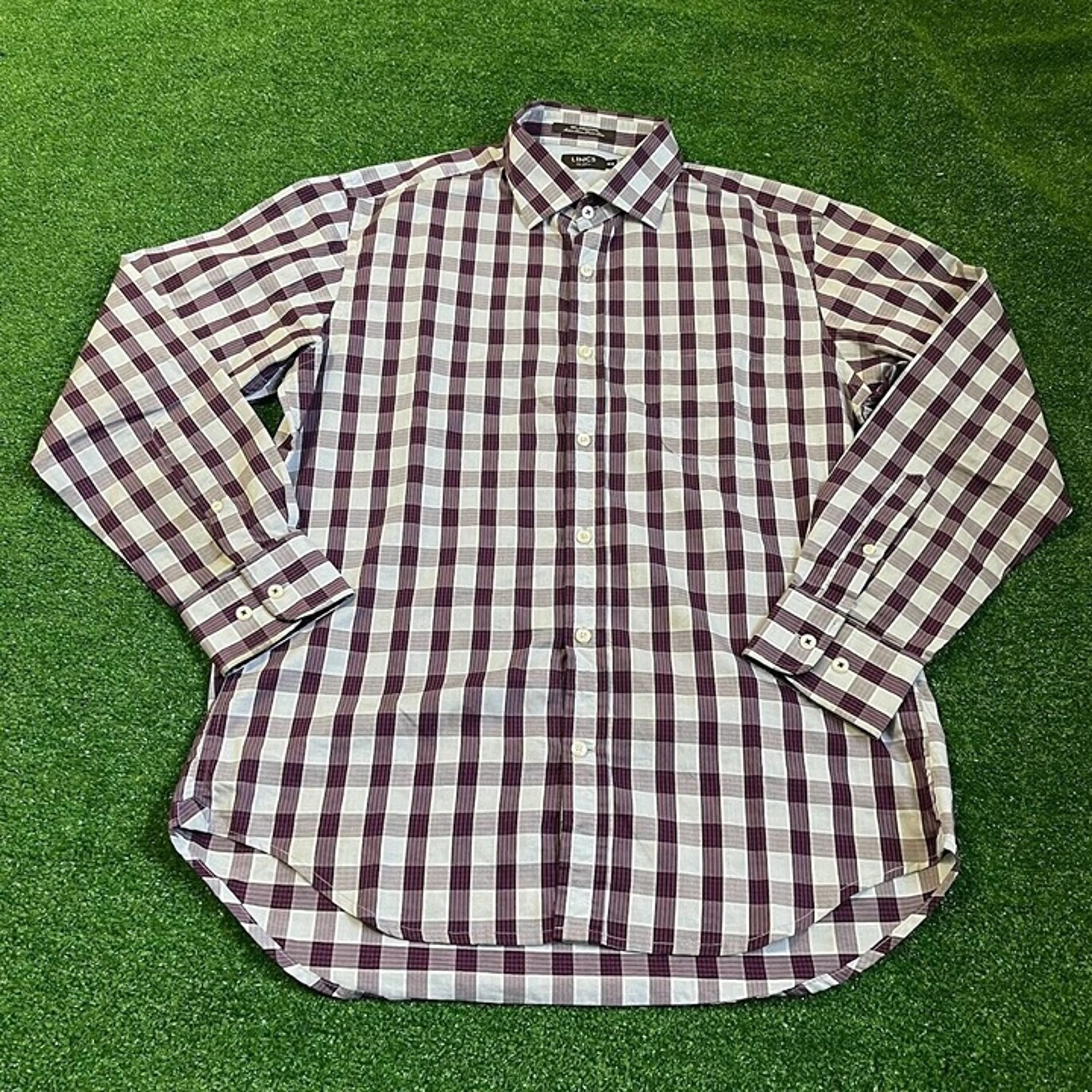 Lincs Men's Long Sleeve Button Down Purple Plaid Business Casual Shirt Size M