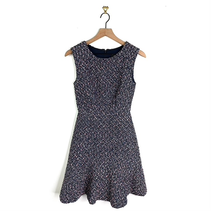 J. Crew Sleeveless Metallic Confetti Tweed Flounce Dress Navy Blue Size 000
