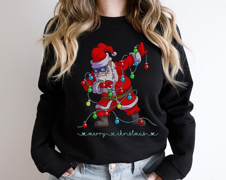 Merry Christmas Sweatshirt Dabbing Santa Claus with Xmas Color Lights