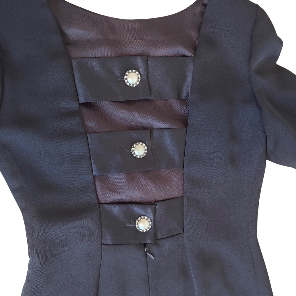 VTG En Francais Huey Waltzer Navy Blue Formal Dress Pearl Crystal Open Back Sz 6