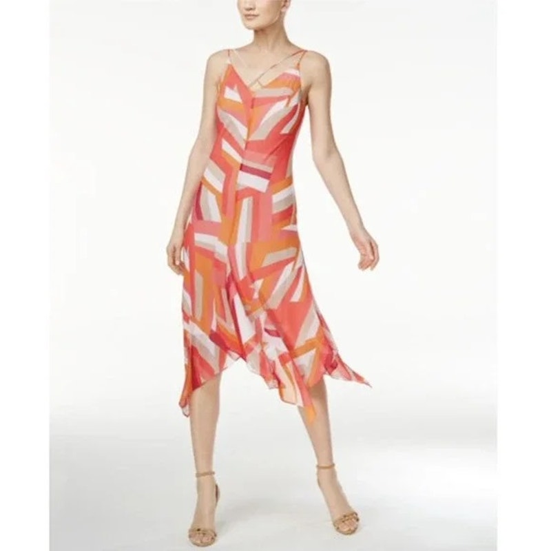 Calvin Klein Pink Geometric Print Dress Strappy Midi Handkerchief Hem Women 8