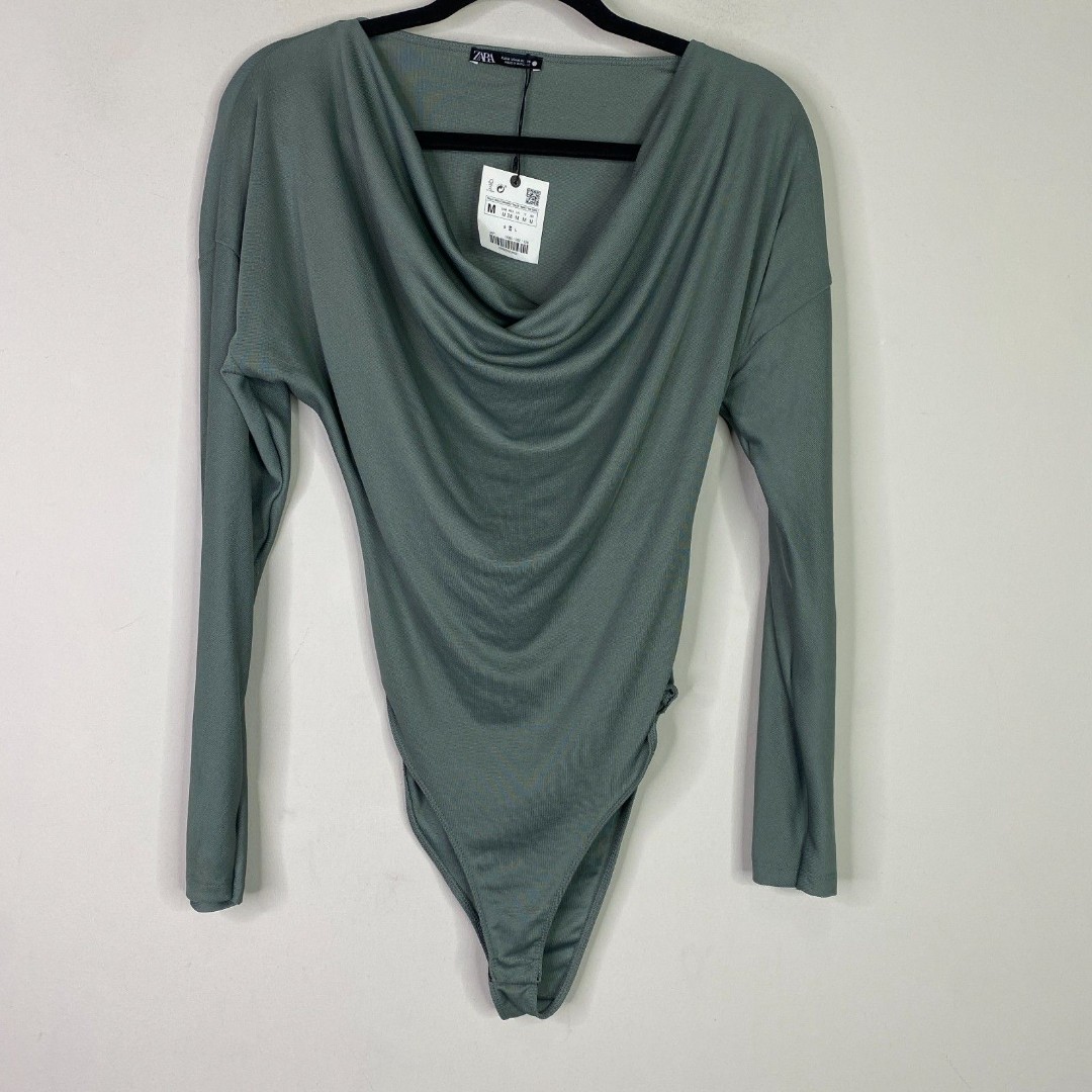 New Zara Draped Cowl Neck Long Sleeve Bodysuit Women's Size Medium