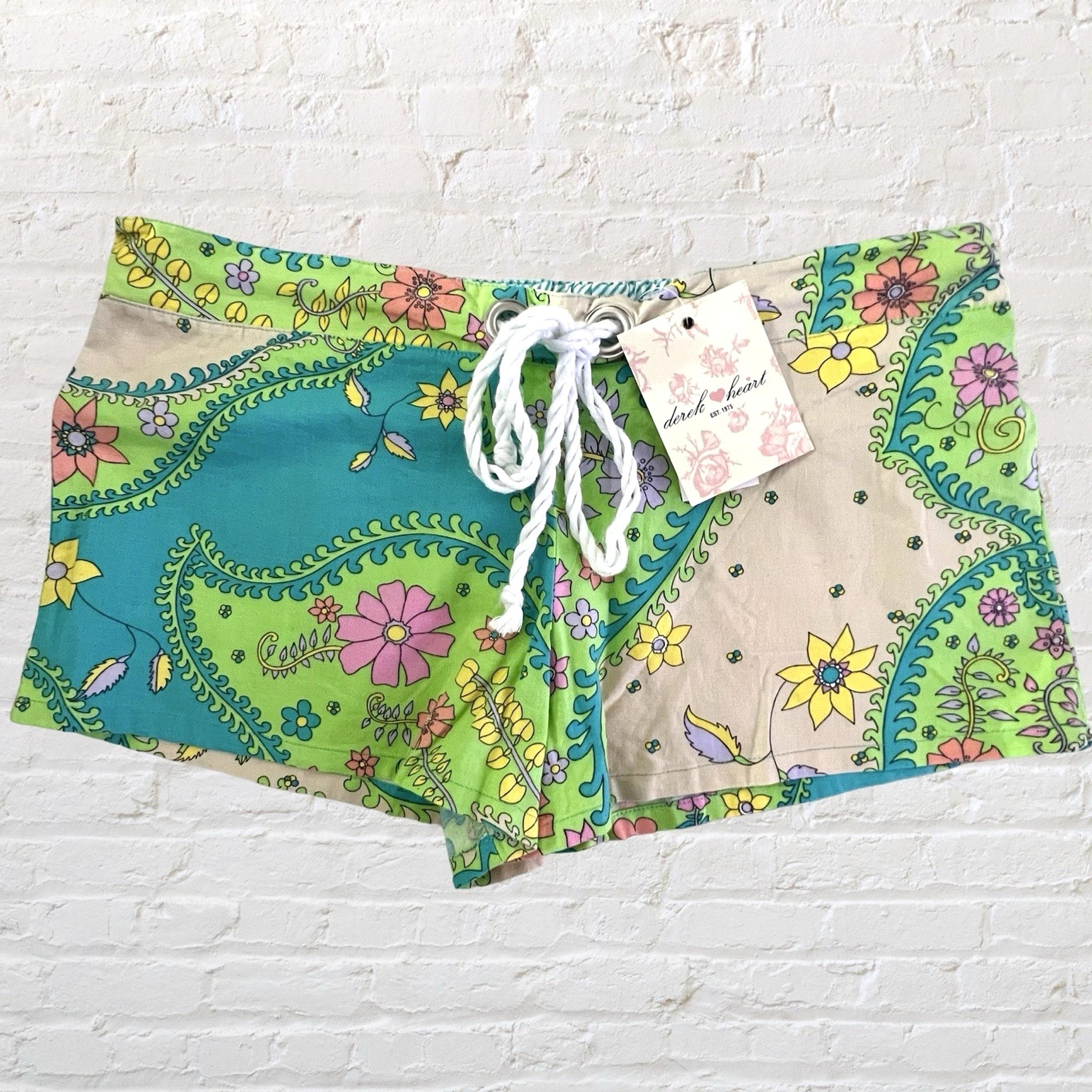 Derek Heart Floral Drawstring Baggies Shorty Shorts Size L Hippie Lounge NWT