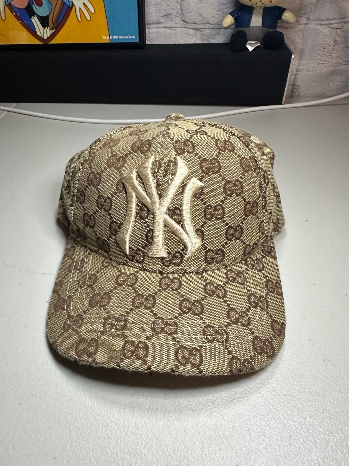 GUCCI NY New York Yankees collabo Baseball Cap Hat Cotton Brown White Logo