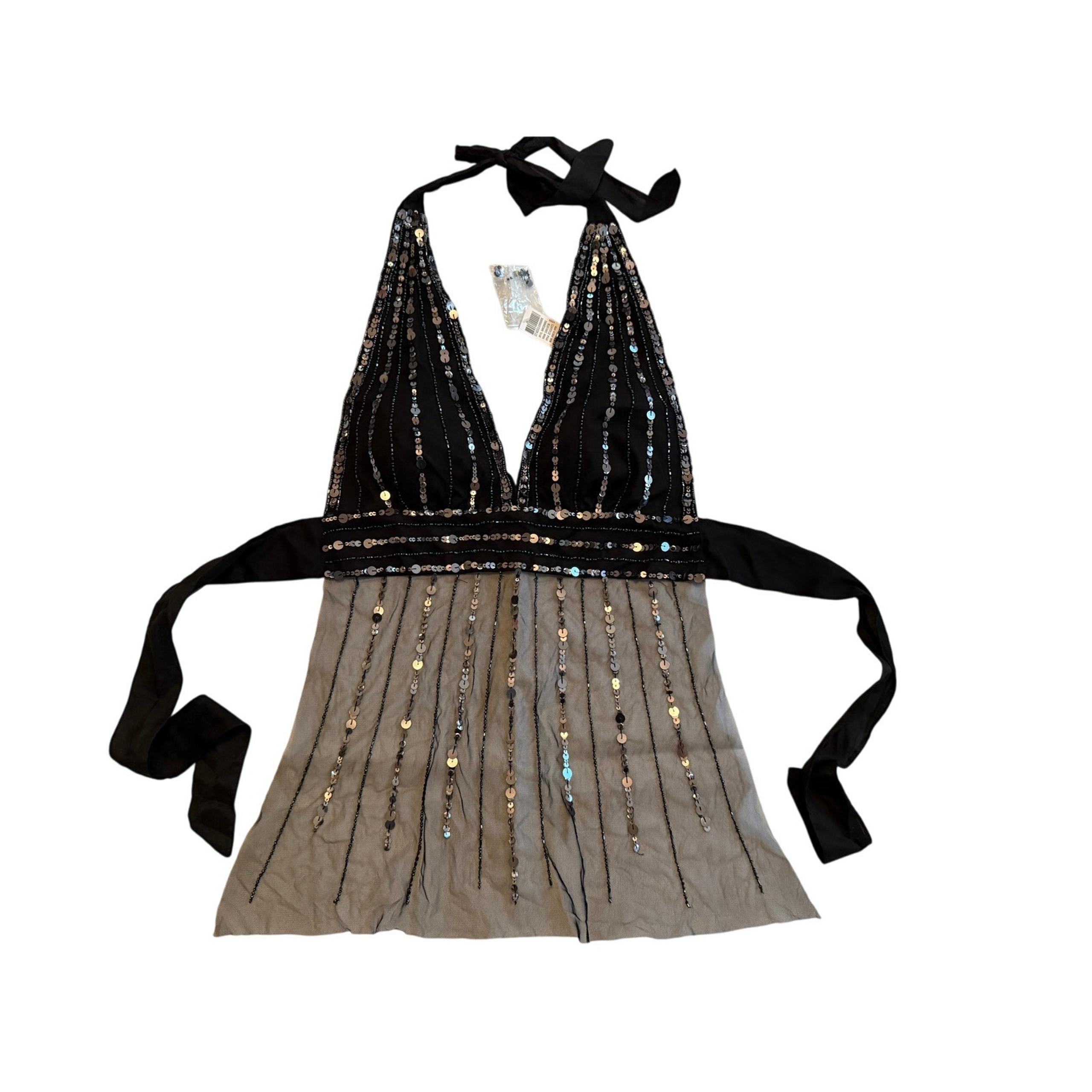 NWT Wet Seal Vintage Y2K Black Beaded Sequin Halter Ibiza Fairycore Top S