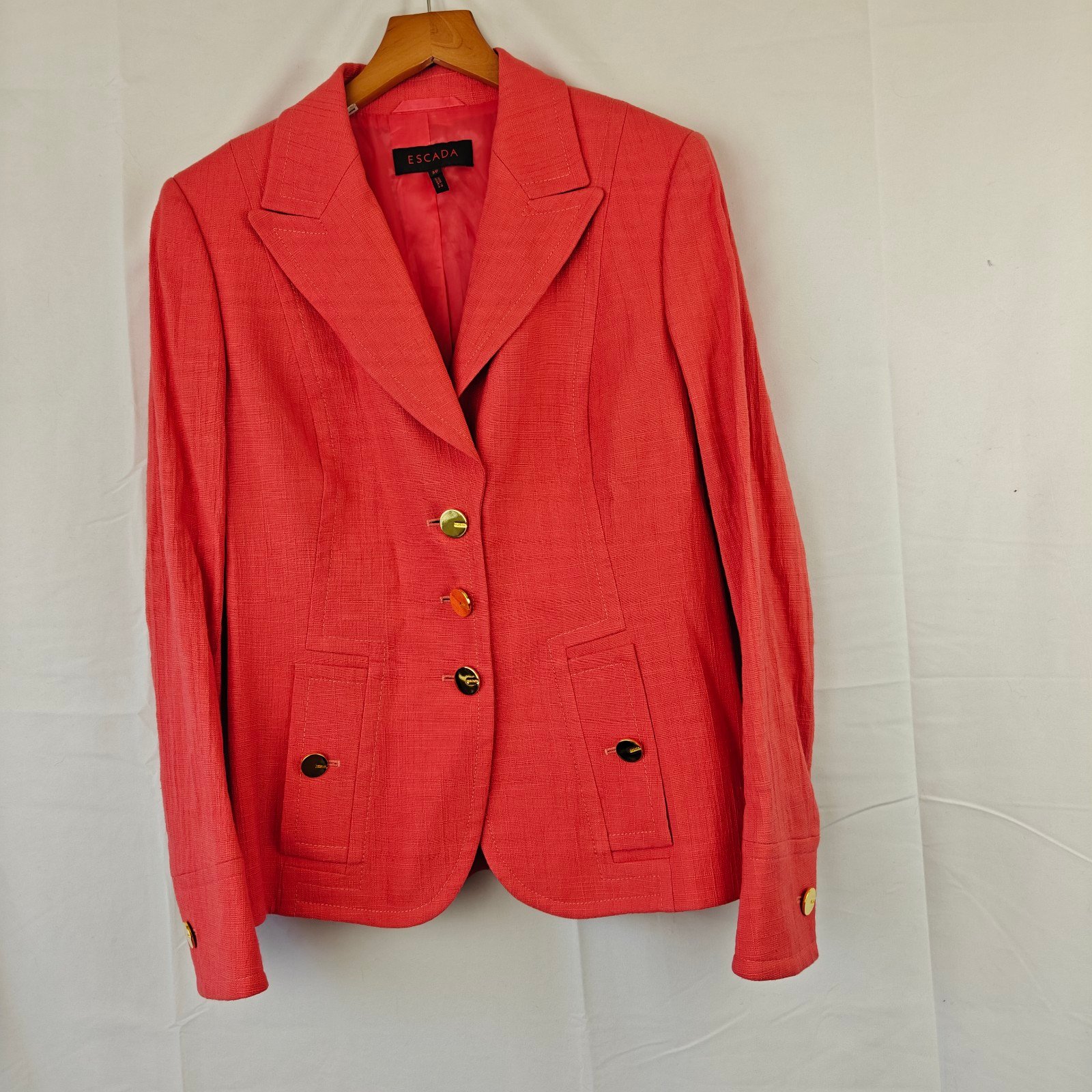 ESCADA Button Up Suit Blazer Jacket In Coral, Gold Buttons, Logo Size 38 Medium