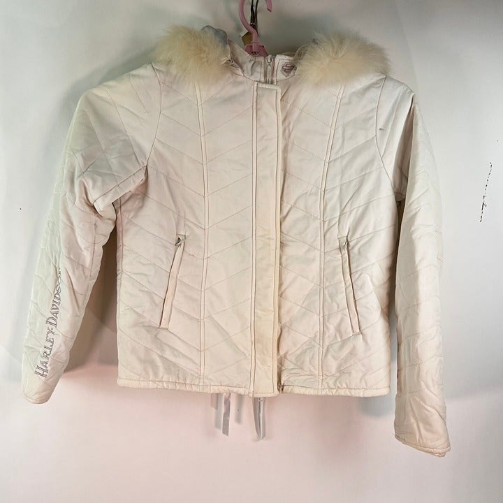 Harley-Davidson Quilted Coat W/hood White Size L Faux Fur Removable Embroidered