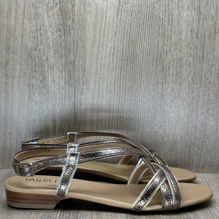 Vaneli Bryant Sandals Women Sz 8M Sling Back Cross Strap Flat Open Metallic Gold