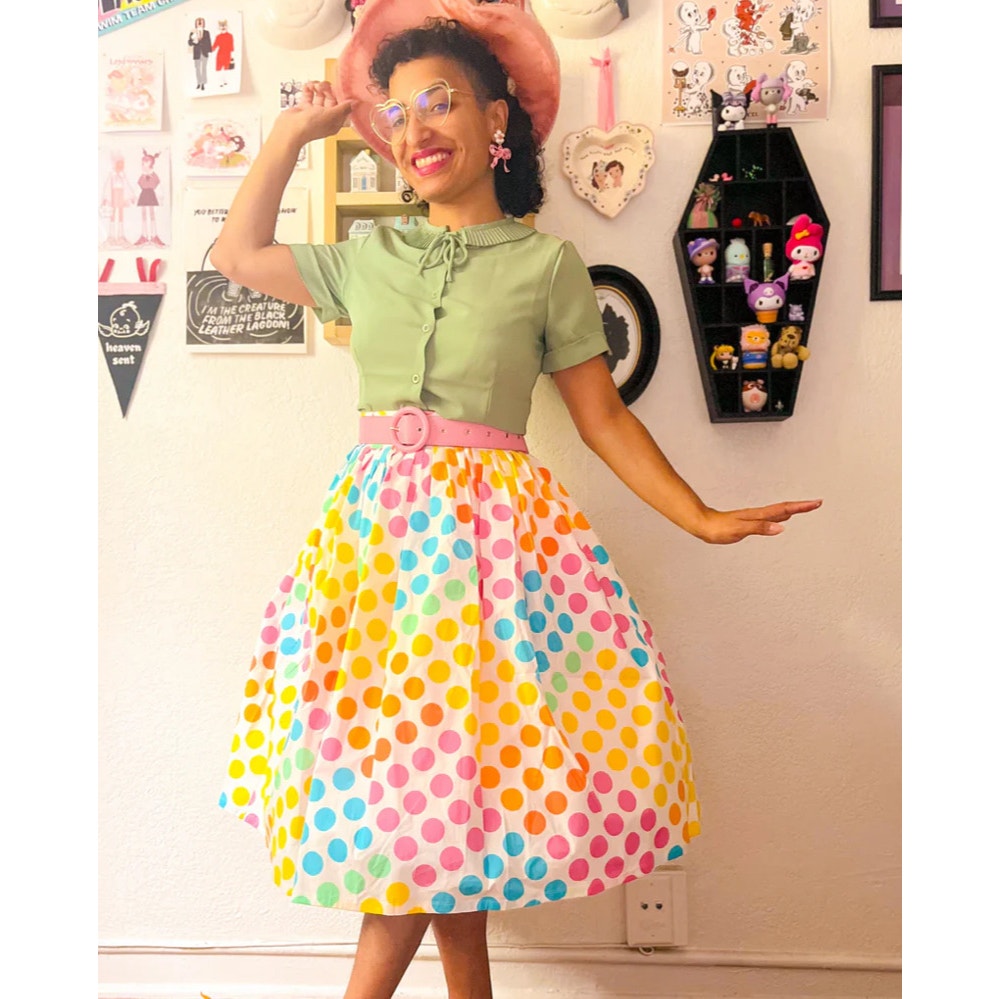 Dapper Day by Tatyana Gloria Pleated Retro Circle Skirt Multi Polka Dot Sz L