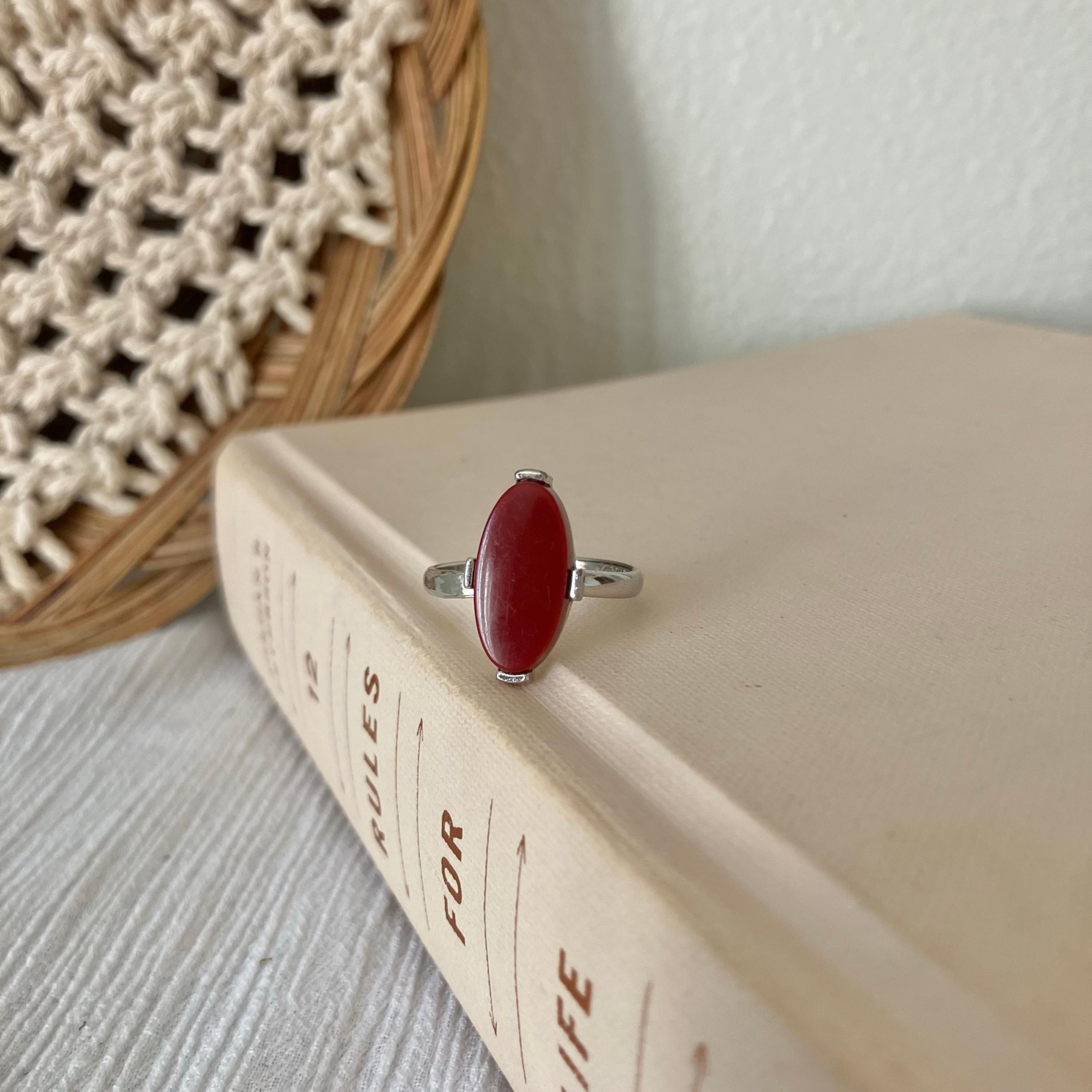 Sarah Coventry Oval Red Stone Statement Ring Coral Scarlet Orangey Bohemian Jewe
