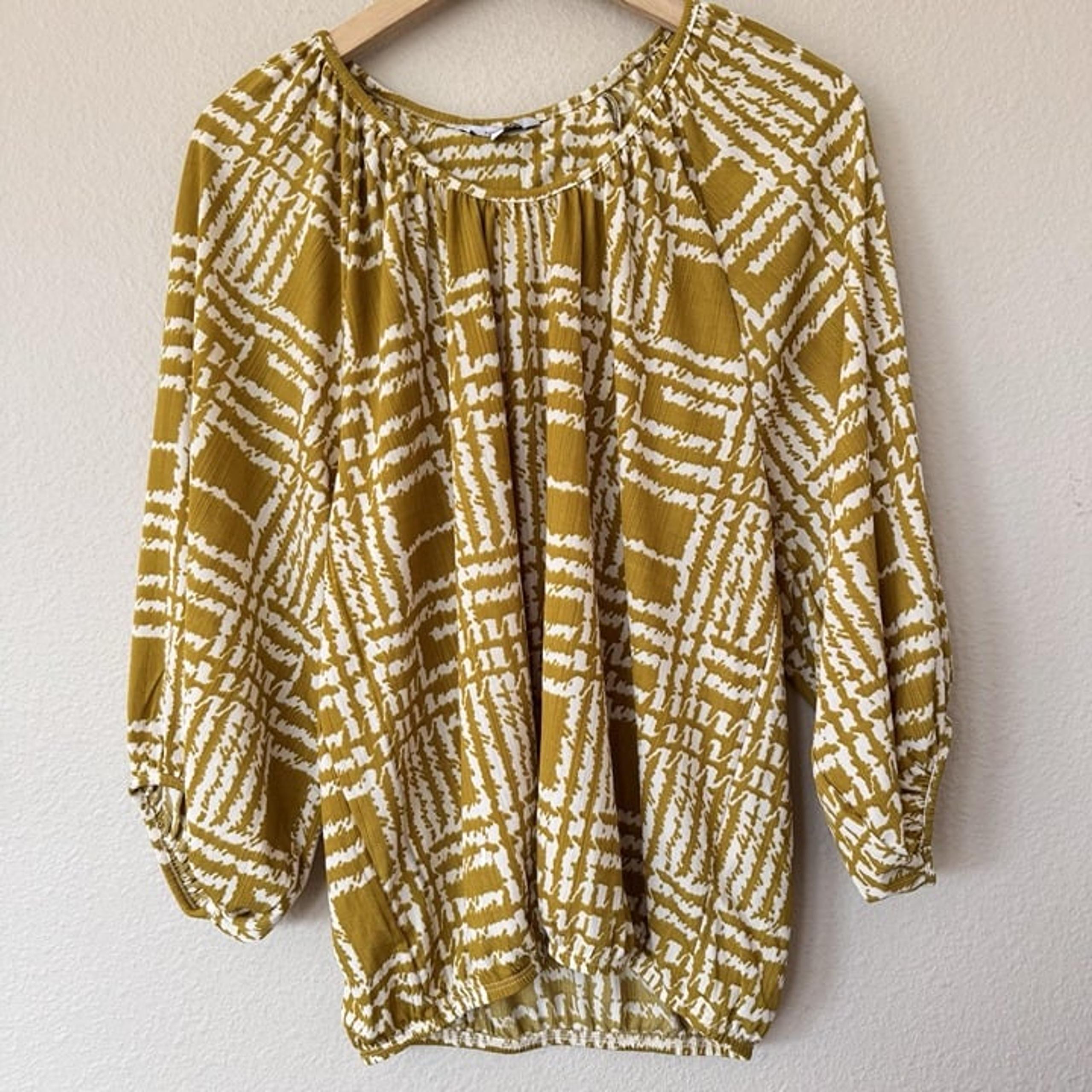 Next Pullover Top Boxy Size Medium Yellow White Green Long Sleeves