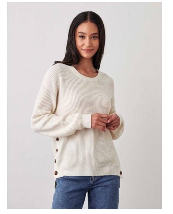 White and Warren Cotton Side Button Crew Neck Knit Sweater