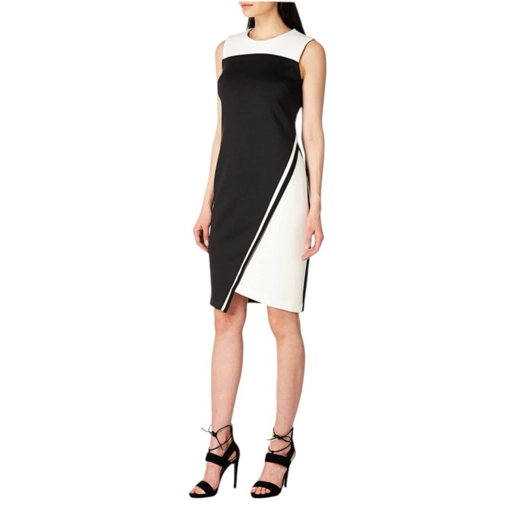 Tommy Hilfiger Women's Asymmetrical Hem Sheath Black /Cream Sleeveless Dress 14
