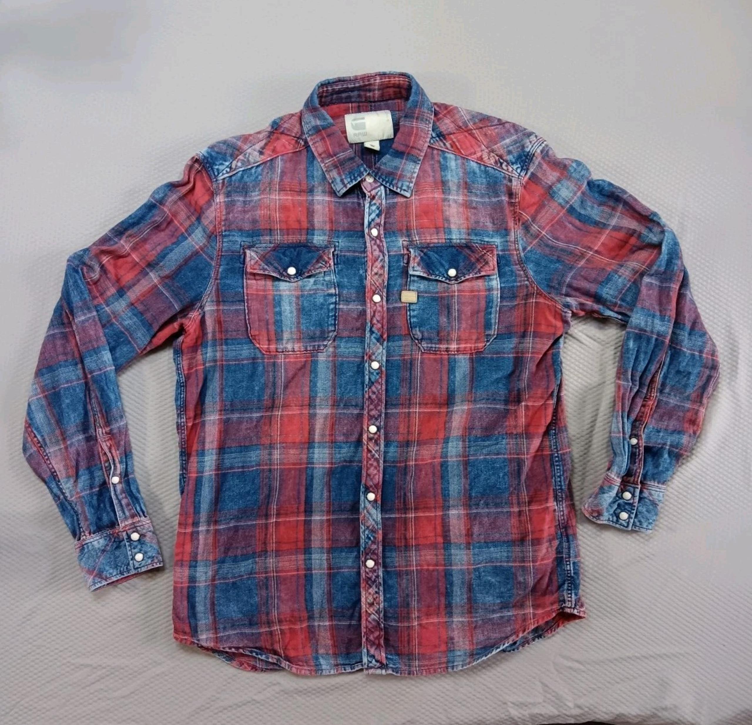 G Star Raw Landoh Shirt L Red Blue Pearl Snap Flannel Plaid Western Long Sleeve
