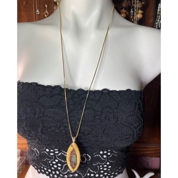 14K & 10K Yellow Gold Inlaid in Wood Pendant Necklace 30” Long