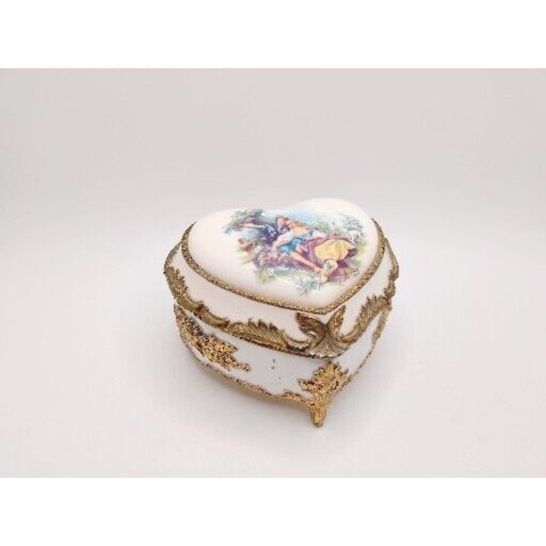 Vintage Footed Ceramic Heart Shaped Jewelry Trinket Box With Brass Trim 1960s