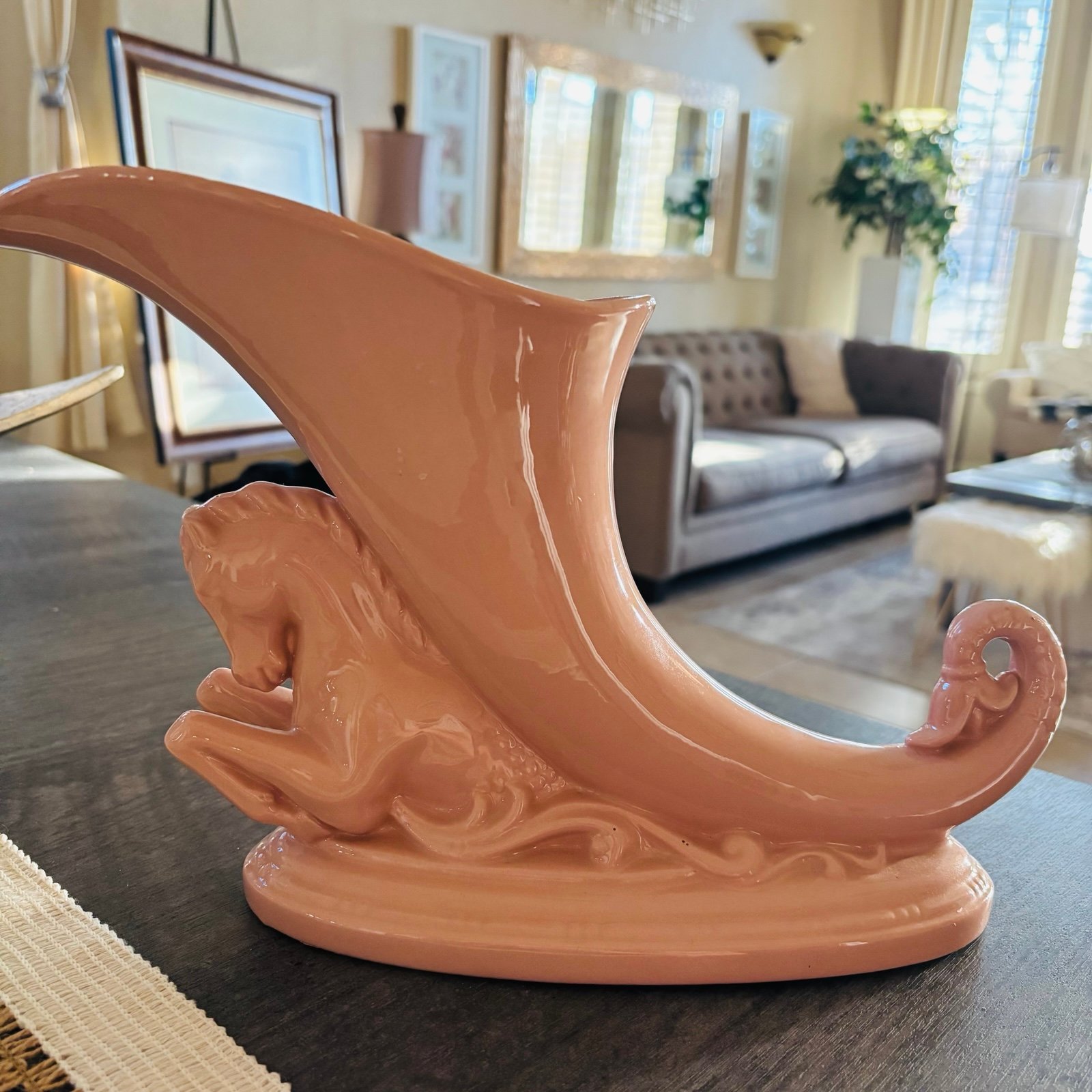 Vintage Pink Ceramic Horse Stallion Planter Vase Cornucopia Sea Water Horse