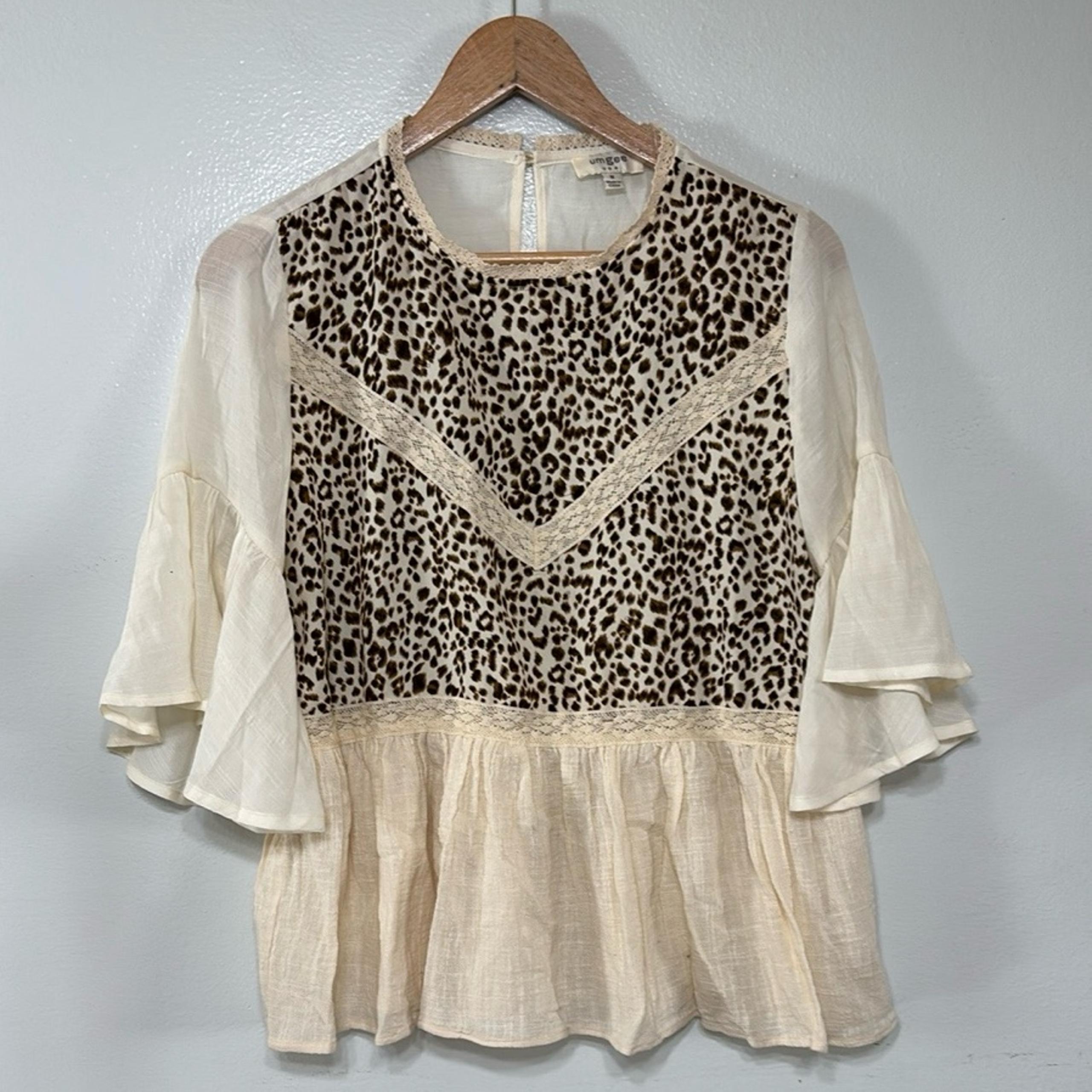Umgee Boho Leopard Print Cream Women's Bell Sleeve Blouse Top Size M