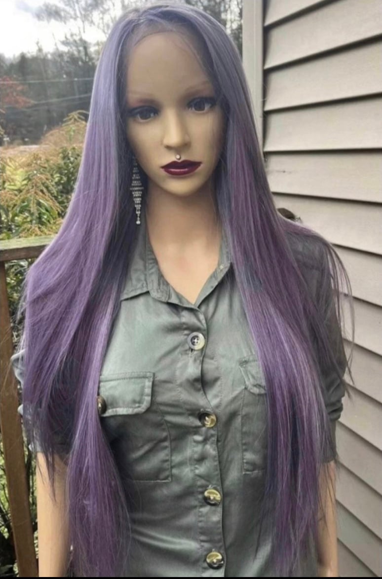 Long straight lilac free parting daily wig human hair blend