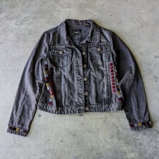 Desigual Gabrielle Dark Denim Coat Black Floral Jean Jacket size 42