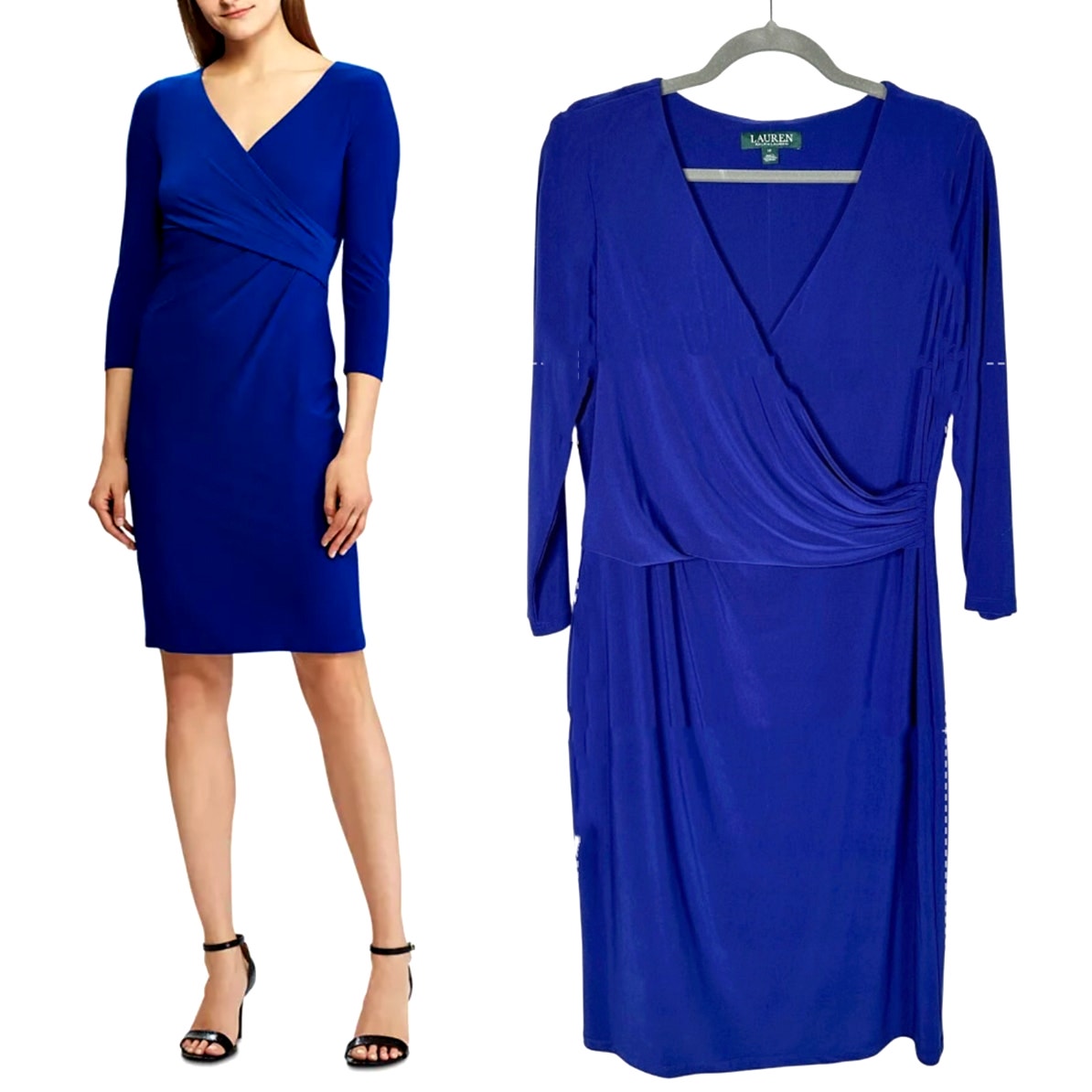 Ralph Lauren 12 Long Sleeve Wrap Jersey Dress Stretchy Knee Length Royal Blue