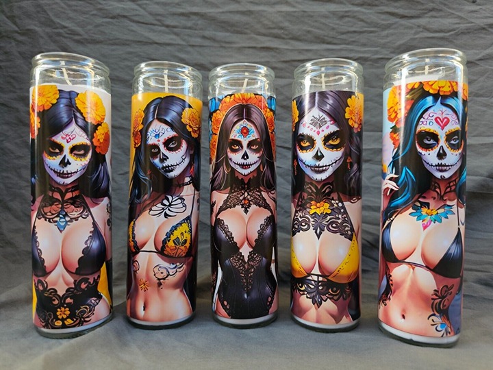 Lot Of (5) Dia De Los Muertos / Day Of The Dead / Halloween 8 Tall Candles Set1