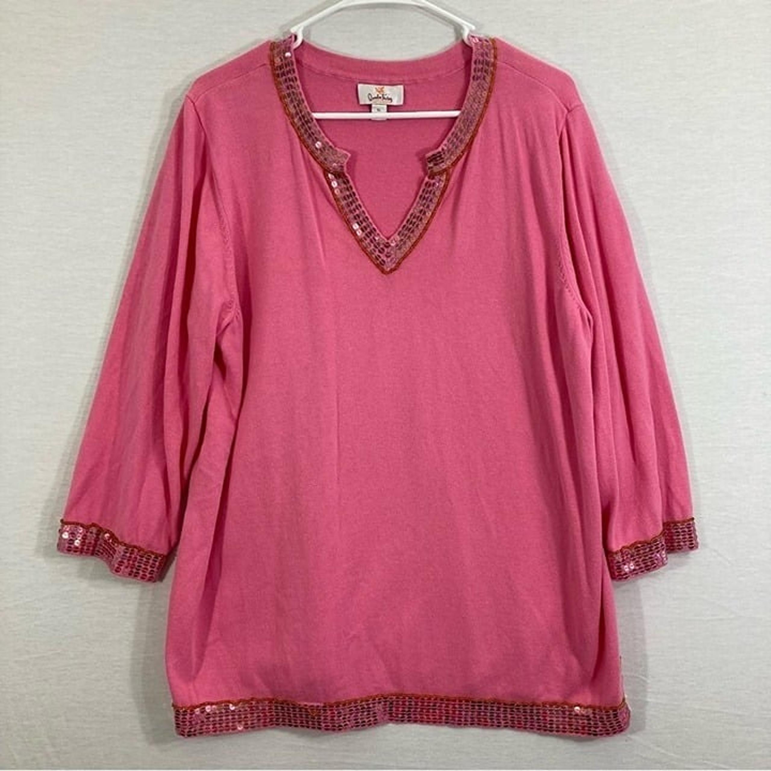 Vintage Quacker Factory Pink Sequins Soft Stretch Lightweight Sweater XL