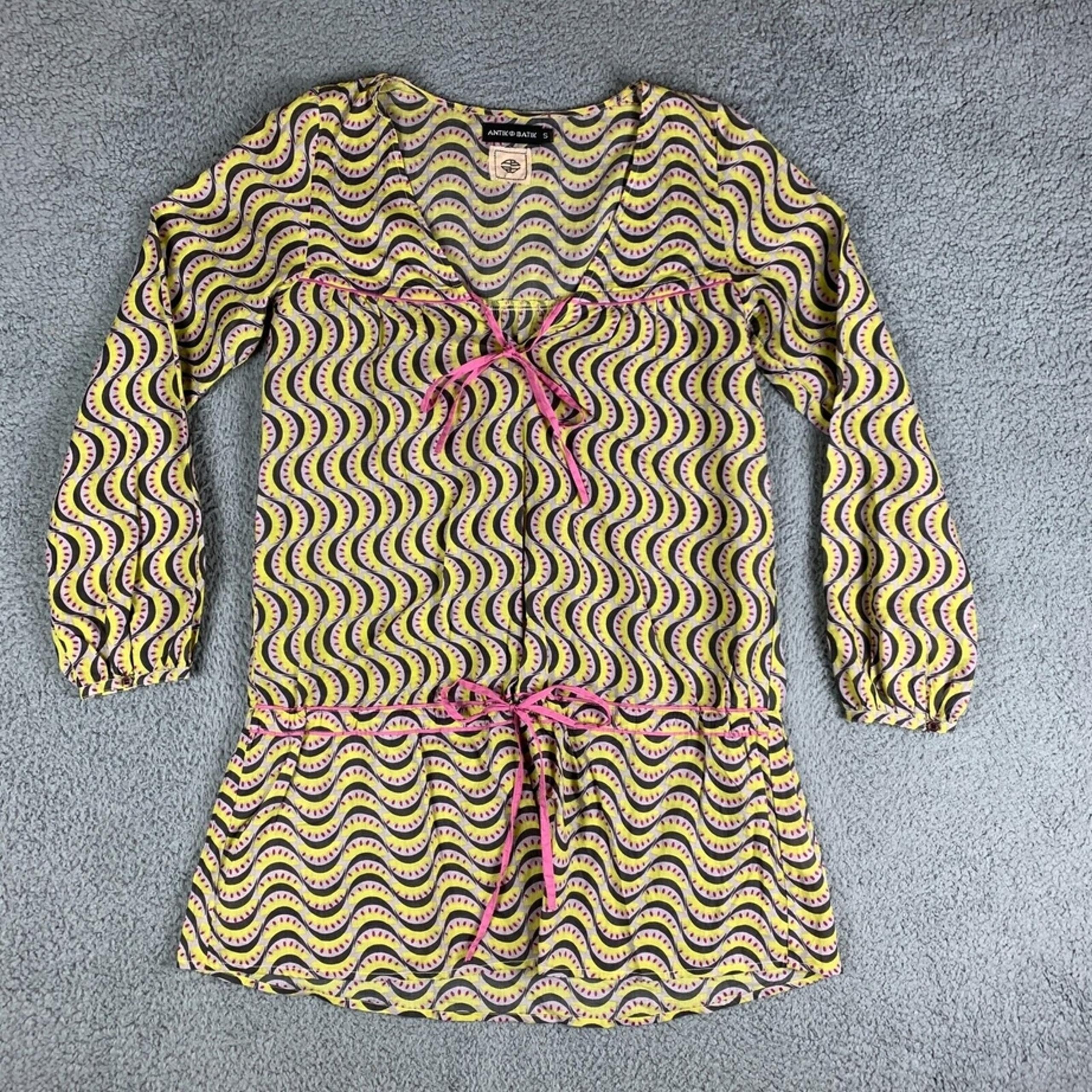 Antik Batik Slice Mini Dress Size Small Multicolor Pinted Long Sleeve Drop Waist