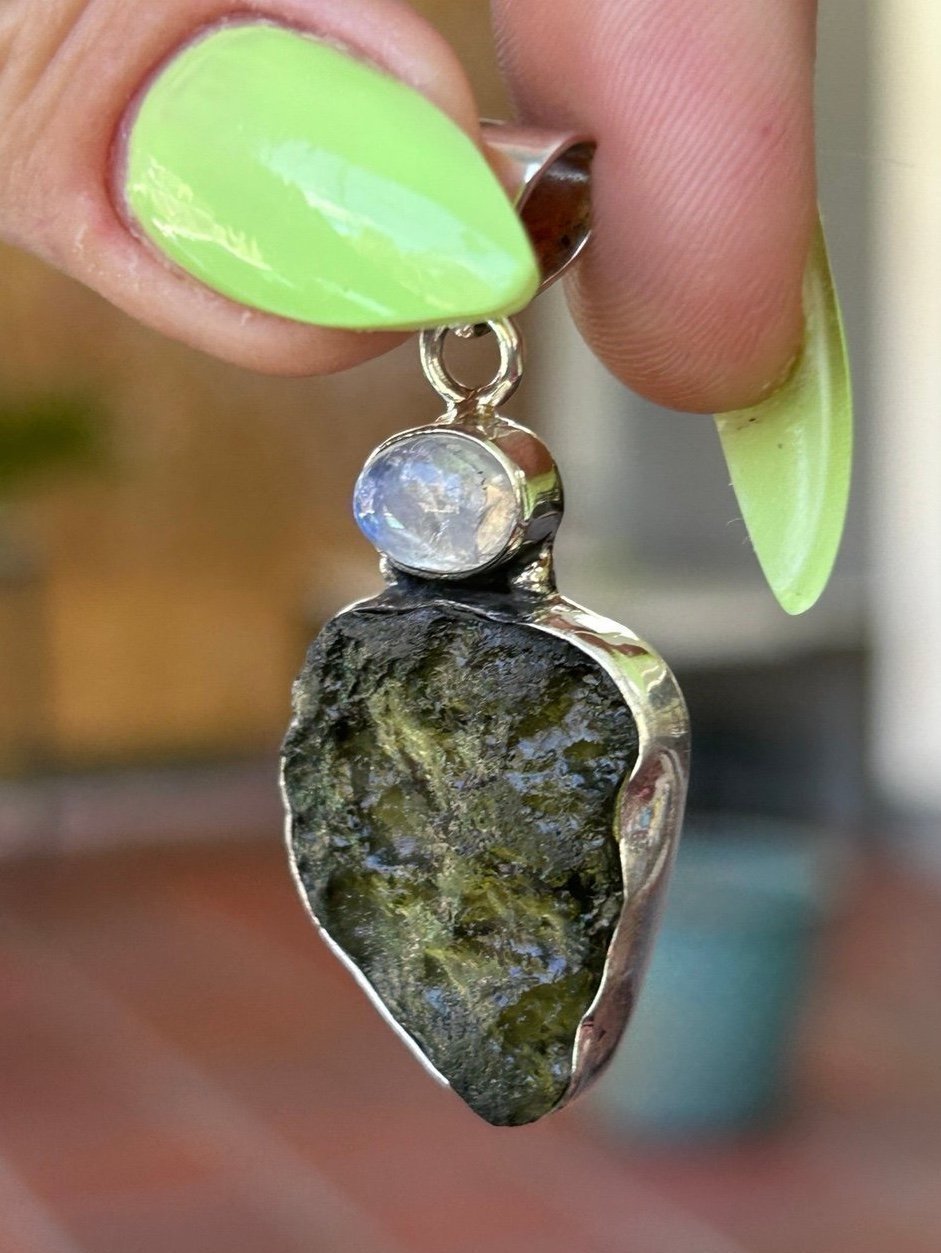 Sterling Natural Czech Moldavite AAA/ Moonstone Pendant*Rare! Large Specimen!