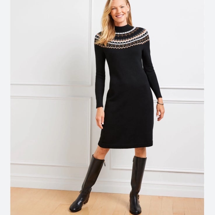 Talbots Spruce Fair Isle Cableknit Sweater Dress Size M P Grey Black Silver