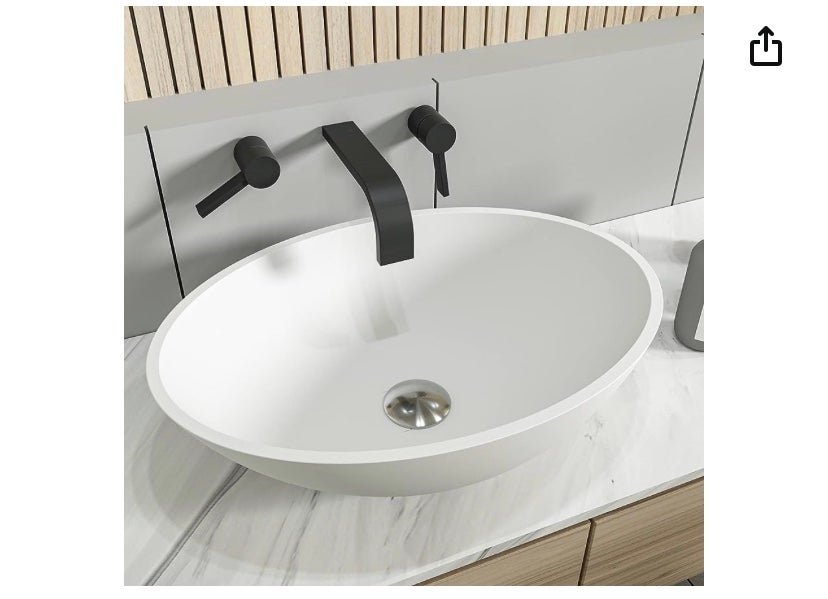 Cpingao 20”x14” Oval Solid Surface Matte White Vessel Sink & Pop Up Drain