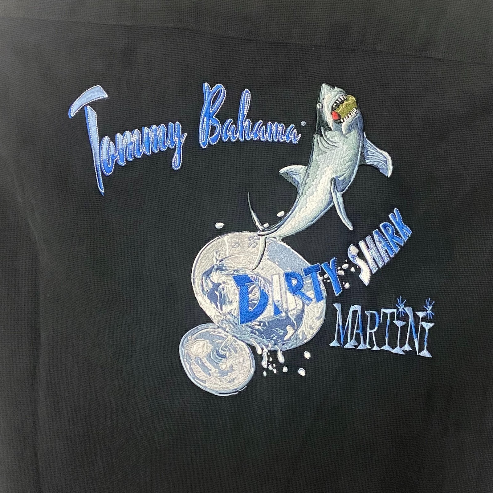 Tommy Bahama Camp Shirt XL Black Dirty Shark Martini Embroider Short Sleeve Silk