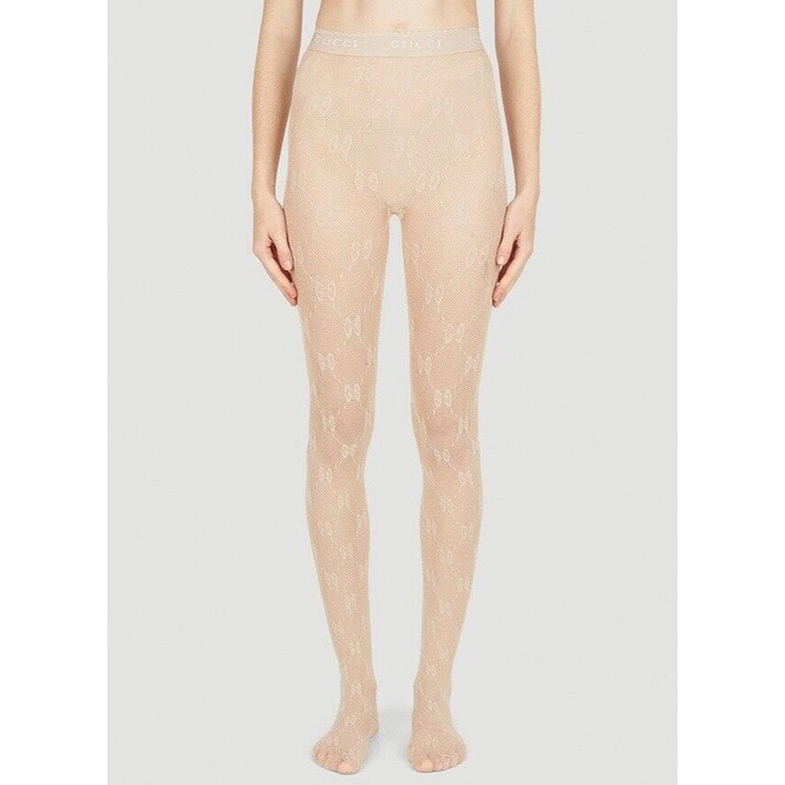 NWT Gucci GG Monogram Tights - Woman Beige M Lurex Champagne 100% Authentic