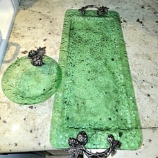 Serving Platter Set Green Recycled Glass with Pewter Artichoke Handles