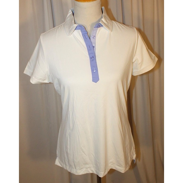 NEW Peter Millar Ladies Medium Polo Golf Shirt White / Afternoon Rain Blue