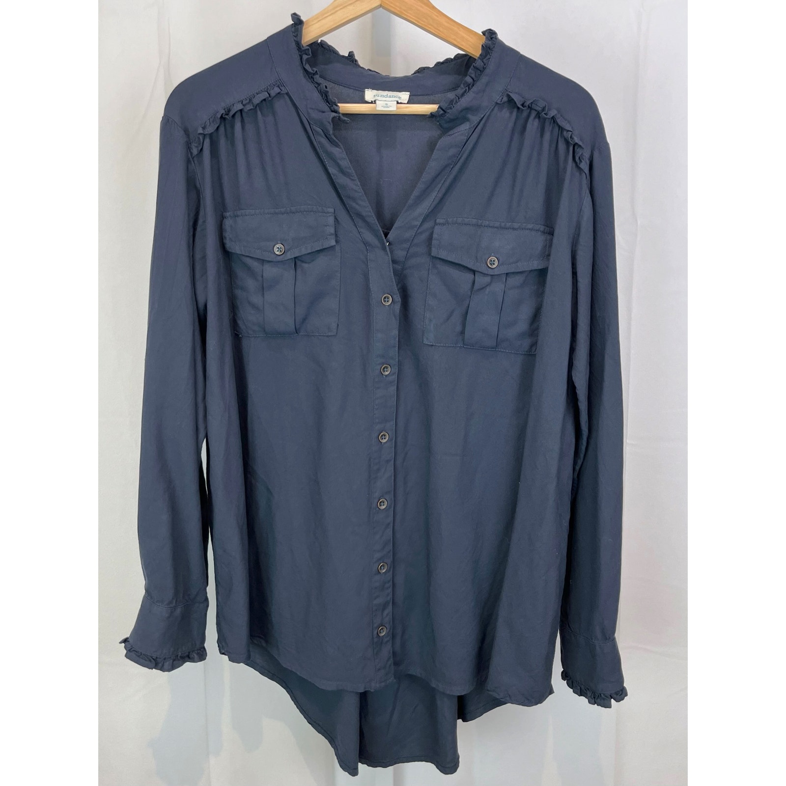 SUNDANCE Ruffle Button Down Shirt V Neck Tunic Long Sleeve Viscose Blue Size S