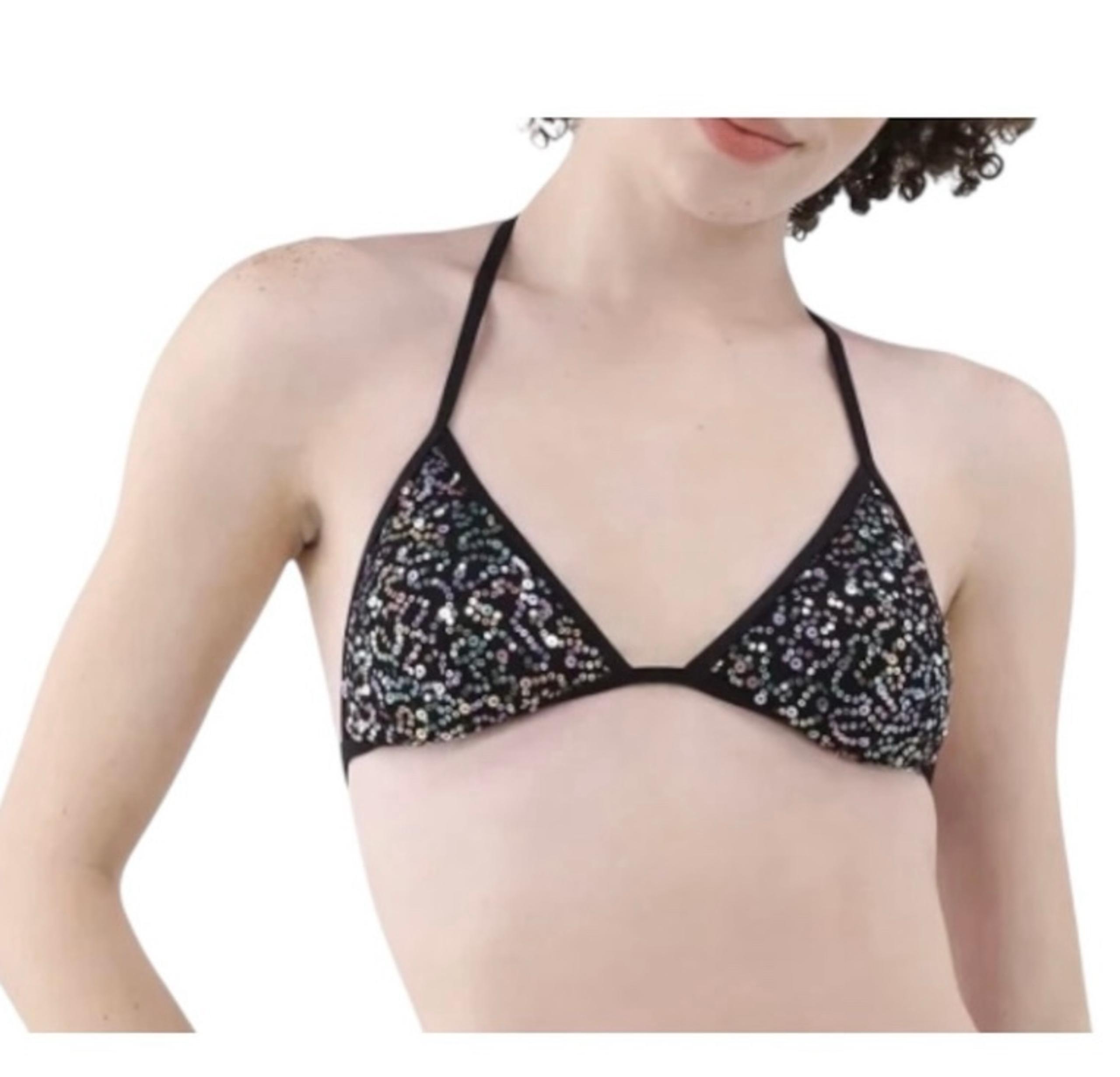XS (0-2) No Boundaries Sequin Black Triangle Fashion Separates Bikini Top Black